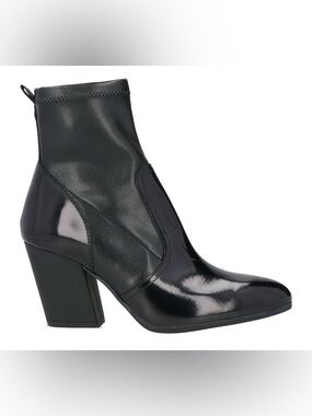 Hogan Black Patent and Leather Block Heel Ankle Boots: Size 36.5 (6.5)
